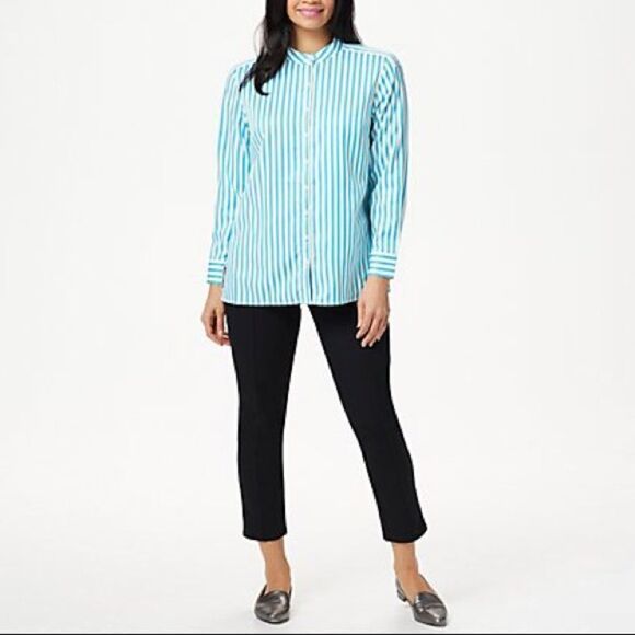 Linea by Louis Dell'Olio Stand Collar Striped With Back Box Pleat Shirt - Picture 2 of 5